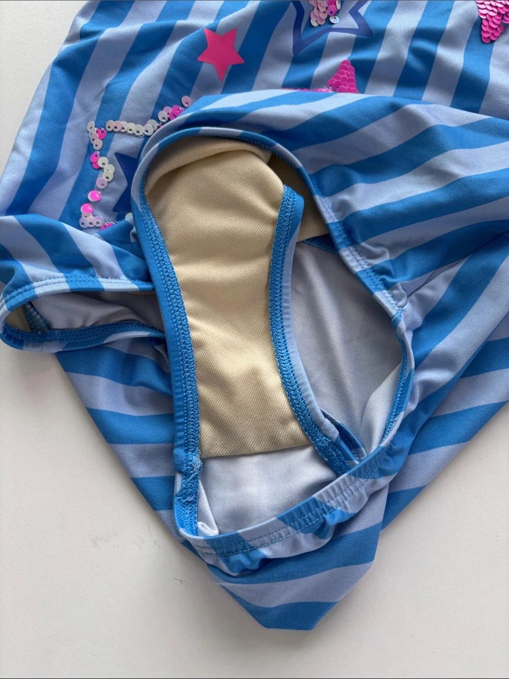 Lands' End Blue Striped One-Piece Swimsuit with Pink Sequin Stars -709sku